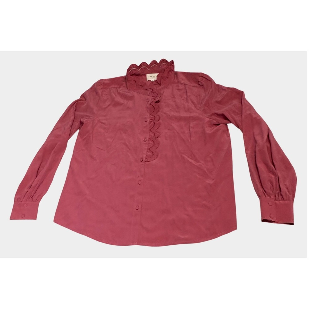 Sezane Chlo Blouse Women Size 40 Rosewood Scalloped Silk High Neck Long Sleeve